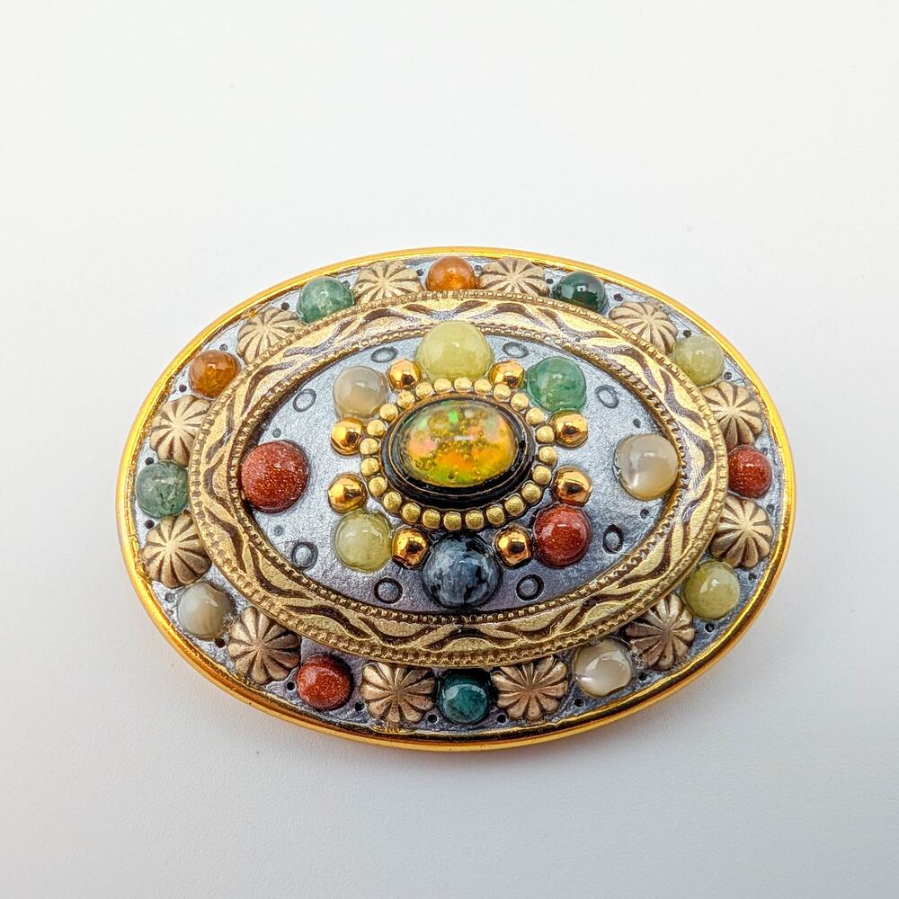 MICHAL GOLAN Oval Gold Tone Mixed Material and Gemstone Brooch/Pendant